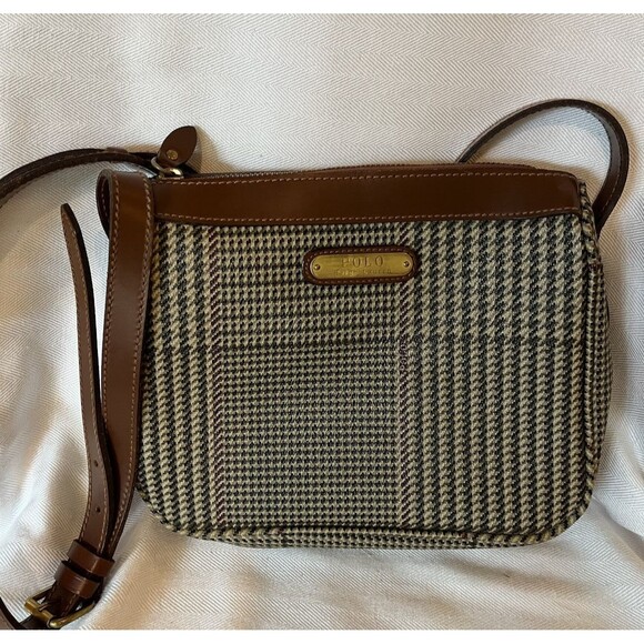 Polo Ralph Lauren Vintage Crossbody Shoulder Bag Leather & Houndstooth Pattern. - Picture 1 of 13